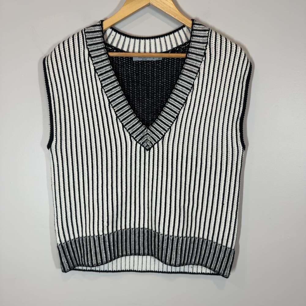 M.M.LaFleur Melina Sweater Vest Size XS Black White Striped Cotton V-Neck